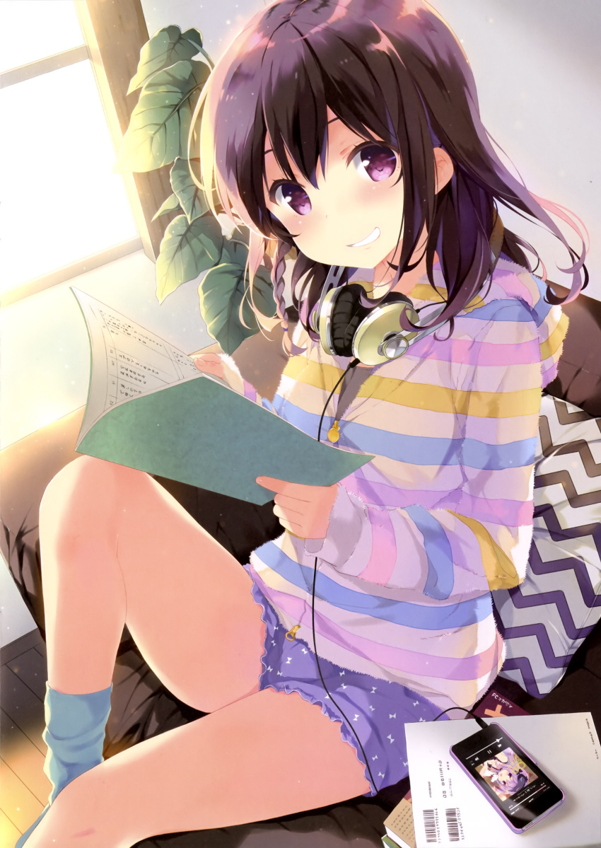 1girl :d absurdres bangs blue_legwear blue_skirt blush braid breasts cable cellphone day eyebrows_visible_through_hair fingernails girlish_number grin hair_between_eyes hands_up headphones headphones_around_neck highres holding hood hood_down hoodie indoors karasuma_chitose_(girlish_number) leaf long_hair looking_at_viewer miniskirt notebook ohara_tometa open_mouth phone pillow plant purple_hair scan side_braid sidelocks sitting skirt smartphone smile socks solo striped striped_hoodie teeth violet_eyes window zipper