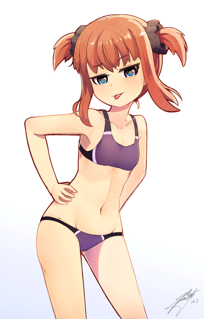 1girl :p bikini blue_eyes brown_hair collarbone flat_chest groin hands_on_hips heart heart-shaped_pupils highres j.h_j.h lowleg lowleg_bikini navel original short_hair short_twintails smile solo swimsuit symbol-shaped_pupils tongue tongue_out twintails