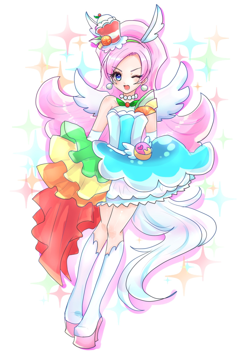 1girl ;d blue_eyes blue_skirt boots chemaru_(a8l) cure_parfait food_themed_hair_ornament full_body green_hairband hair_ornament highres jewelry kirahoshi_ciel kirakira_precure_a_la_mode knee_boots long_hair looking_at_viewer magical_girl necklace one_eye_closed open_mouth pink_hair precure rainbow_order skirt smile solo white_boots white_wings wings