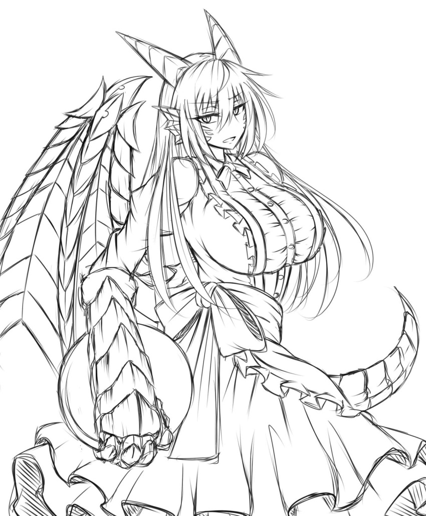 1girl alternate_costume apron blush breasts dragon dragon_(monster_girl_encyclopedia) dragon_girl enmaided frills greyscale highres horns large_breasts long_hair looking_at_viewer maid maid_apron monochrome monster_girl monster_girl_encyclopedia open_mouth sanmotogoroo scales sketch skirt solo tail wings