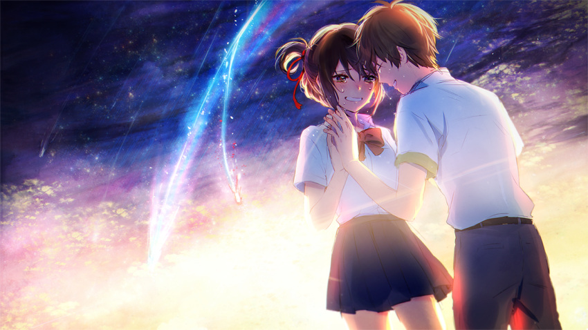 1boy 1girl bangs black_skirt blush brown_eyes brown_hair closed_eyes collared_shirt comet hands_together happy_tears kimi_no_na_wa looking_at_another miyamizu_mitsuha night night_sky parted_lips pleated_skirt ponytail red_string school_uniform shirt shooting_star short_sleeves sidelocks skirt sky slacks smile star_(sky) starry_sky string tachibana_taki tears teeth white_shirt yakibird