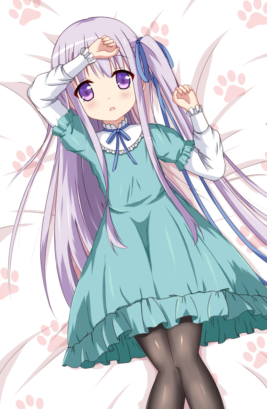 1girl arm_on_head arm_up bed black_legwear blue_dress dress gotou_jun highres long_hair lying on_back one_side_up open_mouth pantyhose purple_hair ribbon side_ponytail solo tenshi_no_3p! very_long_hair violet_eyes xiaosamiao