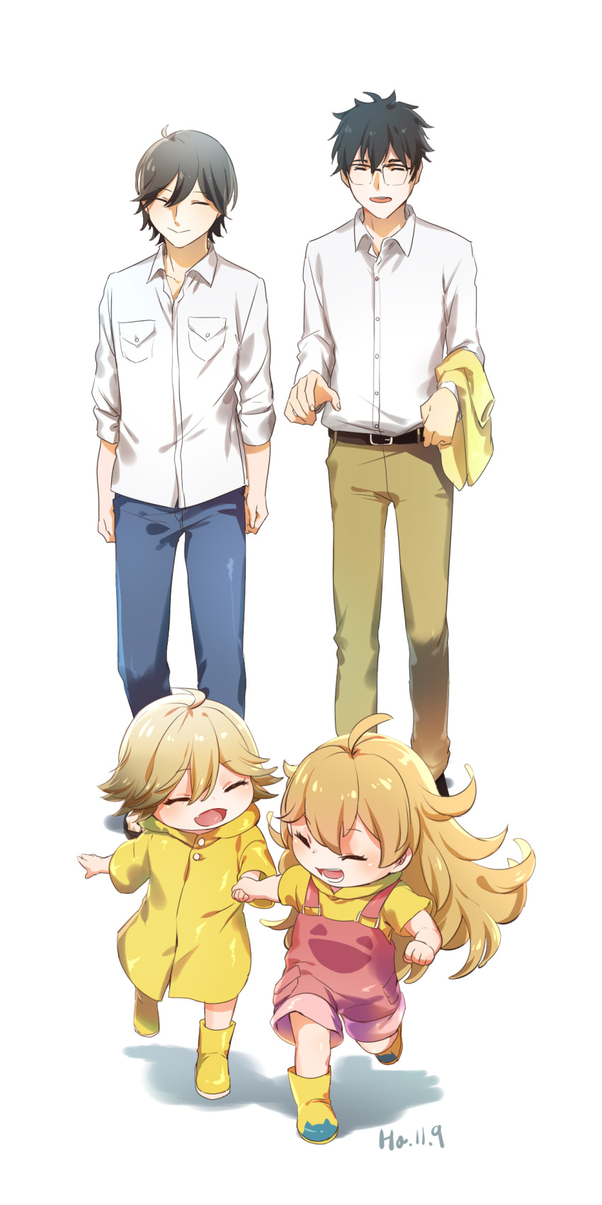 1girl 3boys :&gt; :d ahoge amaama_to_inazuma artist_request belt black_hair blonde_hair boots child closed_eyes crossover fang father_and_daughter glasses gradient_hair hand_holding highres inuzuka_kouhei inuzuka_tsumugi long_hair multicolored_hair multiple_boys open_mouth overalls poco_(udon_no_kuni) raincoat rubber_boots running shirt smile tawara_souta trait_connection udon_no_kuni_no_kiniro_kedamari white_background