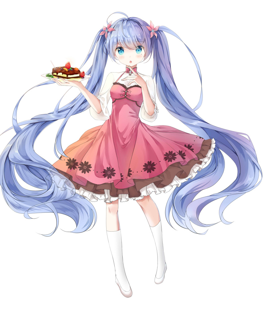 1girl :o ahoge blue_eyes blue_hair blueberry blush dress eyebrows eyebrows_visible_through_hair flower food fruit full_body hair_flower hair_ornament hatsune_miku head_tilt highres kneehighs long_hair looking_at_viewer petticoat pigeon-toed plant plate potted_plant railing red_dress shoes solo standing strawberry twintails very_long_hair vocaloid white_shoes yue_yue