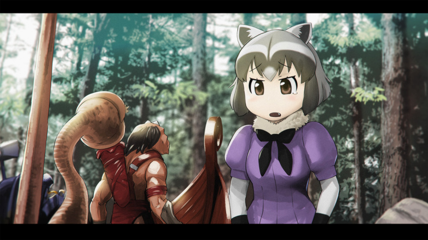 1girl animal_ears archer_(small_soldiers) black_hair blush boat bow brown_eyes common_raccoon_(kemono_friends) forest gloves grey_hair kemono_friends letterboxed looking_at_another multicolored_hair nature ocula open_mouth outdoors quiver raccoon_ears short_hair short_sleeves small_soldiers tearing_up troglokhan ueyama_michirou watercraft white_hair
