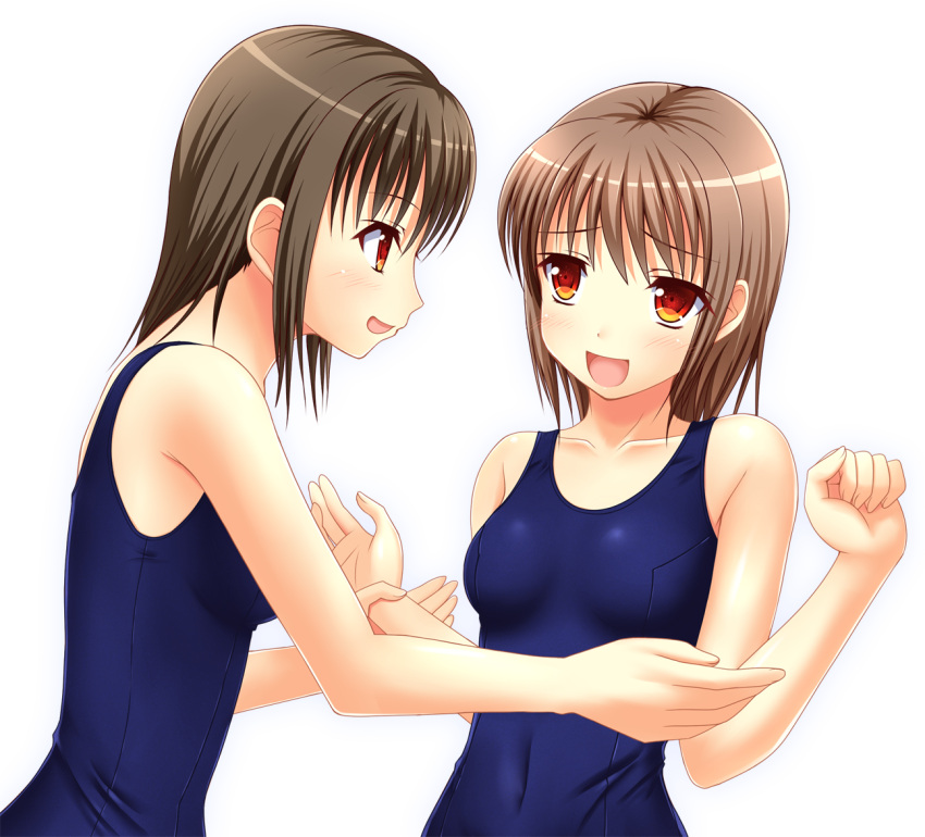2girls brown_eyes brown_hair eyebrows_visible_through_hair kk-sk-ray long_hair looking_at_another multiple_girls old_school_swimsuit one-piece_swimsuit open_mouth original red_eyes school_swimsuit short_hair simple_background swimsuit white_background