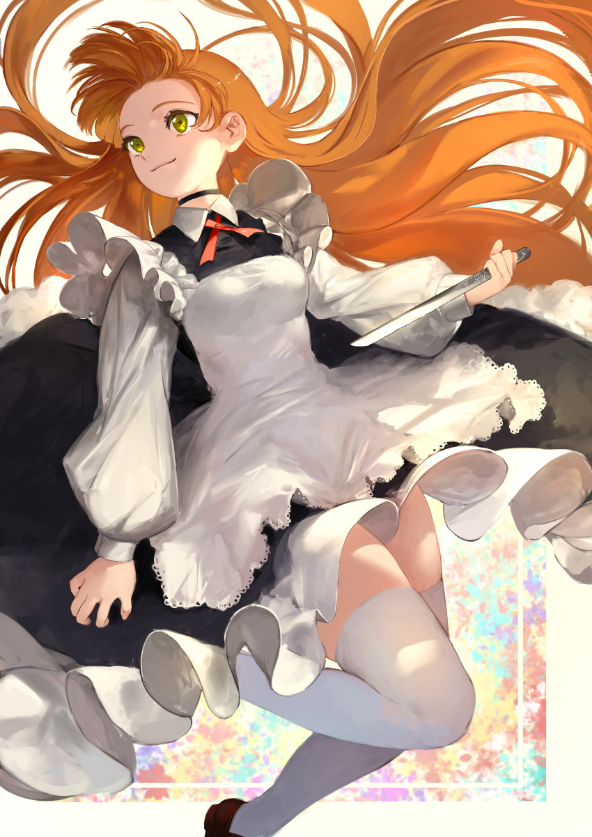 1girl absurdres apron arm_at_side black_choker breasts brown_shoes choker closed_mouth collared_shirt cowboy_shot floating_hair frilled_skirt frills green_eyes hand_up highres holding holding_knife holding_weapon hoojiro knife leg_up long_hair long_sleeves maid neck_ribbon one_leg_raised orange_hair original red_ribbon ribbon shirt shoes skirt smile solo standing standing_on_one_leg thigh-highs very_long_hair weapon white_legwear white_shirt