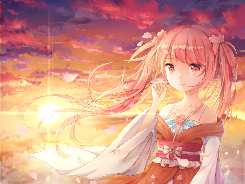 1girl bare_shoulders blush closed_mouth eyebrows_visible_through_hair hatsune_miku highres long_hair looking_at_viewer outdoors pink_eyes pink_hair sakura_miku smile solo sunset twintails upper_body vocaloid yue_yue