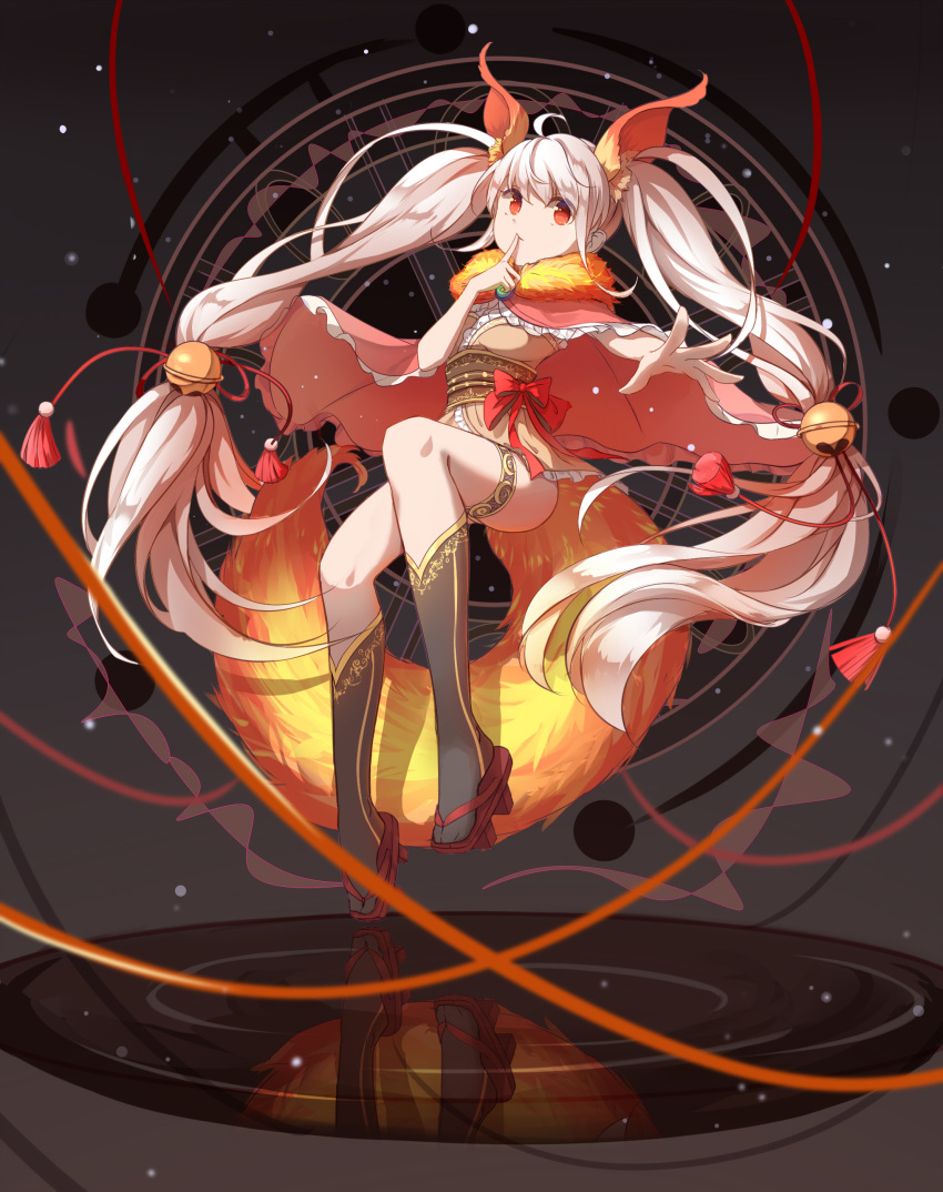 1girl absurdres bell black_legwear finger_to_mouth hair_bell hair_ornament highres kneehighs long_hair looking_at_viewer original red_eyes sandals solo twintails white_hair yue_yue