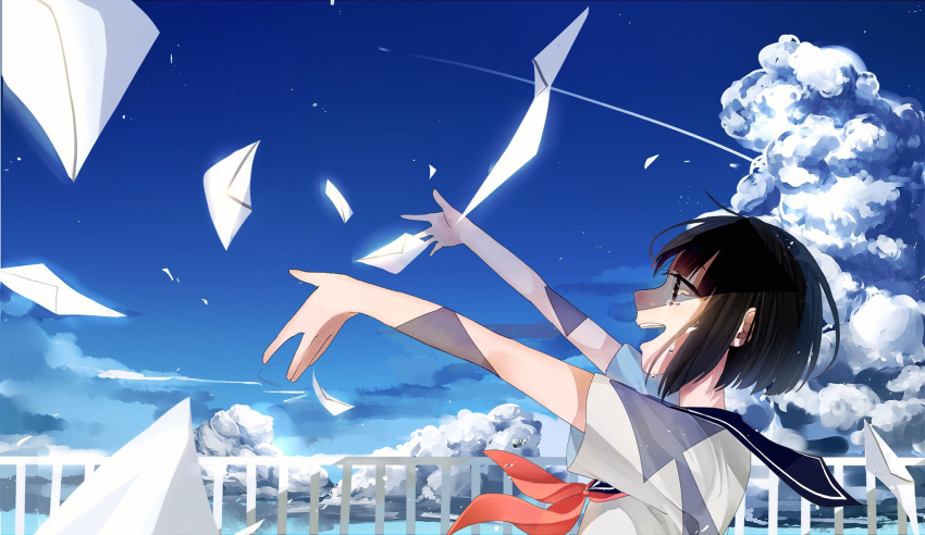 1girl black_hair blue_sky brown_eyes clouds crying crying_with_eyes_open fence highres letter open_mouth original outstretched_arms red_ribbon ribbon school_uniform serafuku short_hair sky tears wind yuzua