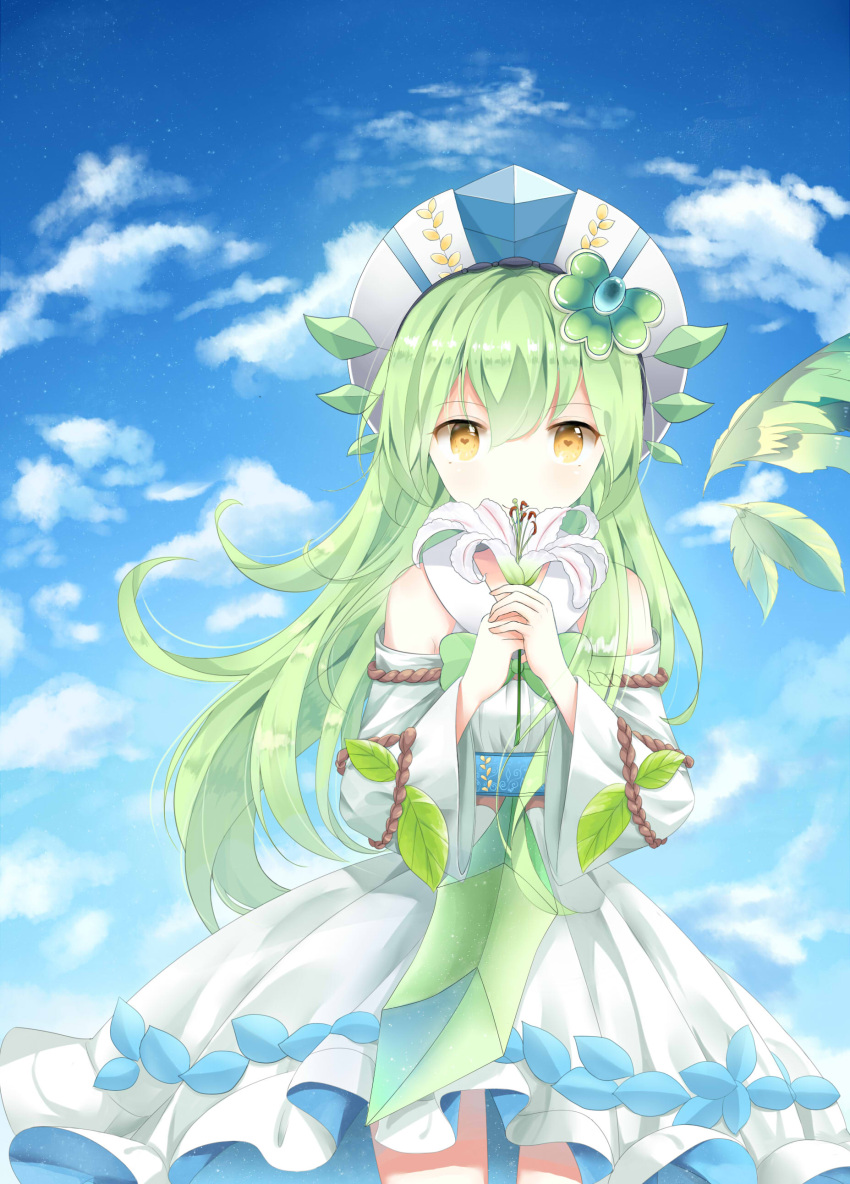 1girl absurdres bare_shoulders eyebrows_visible_through_hair flower green_hair heart heart-shaped_pupils highres holding holding_flower long_hair looking_at_viewer original solo symbol-shaped_pupils yellow_eyes yue_yue