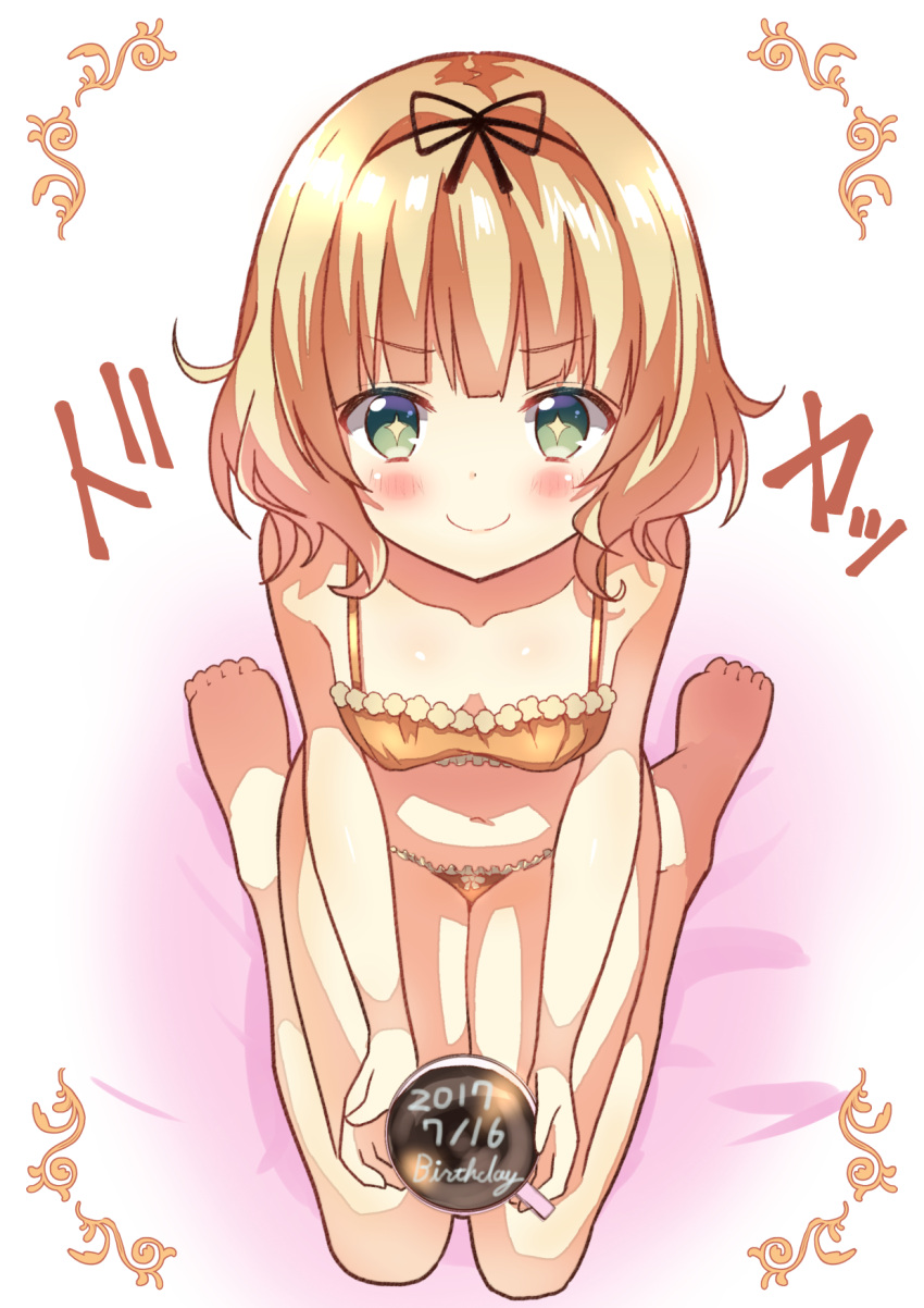 1girl bangs barefoot bed_sheet black_hairband blonde_hair blunt_bangs blush bow bow_panties bra breasts cleavage closed_mouth coffee coffee_cup collarbone commentary_request cup dated eyebrows_visible_through_hair frilled_bra frilled_panties frills from_above full_body gochuumon_wa_usagi_desu_ka? hairband happy_birthday highres holding holding_cup kirima_sharo looking_at_viewer nanakusa_amane navel orange_bra orange_panties panties short_hair sitting small_breasts smug soles solo sparkling_eyes underwear underwear_only wariza wavy_hair white_background