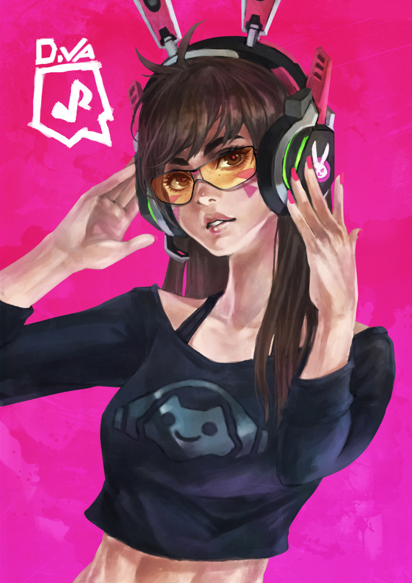 1girl absurdres brown_eyes brown_hair cameo casual commentary crop_top d.va_(overwatch) eyelashes hands_on_headphones headphones headset highres lips listening_to_music long_hair lucio_(overwatch) monori_rogue nail_polish overwatch pink_background pink_nails solo sunglasses whisker_markings