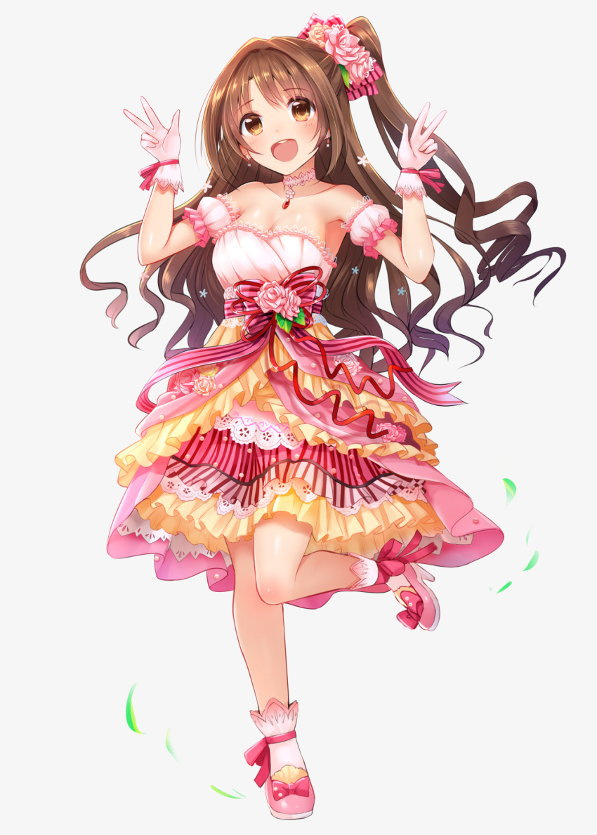 10s 1girl :d breasts brown_eyes brown_hair choker cleavage detached_sleeves double_v dress full_body half_updo highres idolmaster idolmaster_cinderella_girls idolmaster_cinderella_girls_starlight_stage jewelry long_hair necklace one_side_up open_mouth pink_dress puffy_short_sleeves puffy_sleeves shimamura_uzuki short_sleeves simple_background smile solo u_rin v white_background
