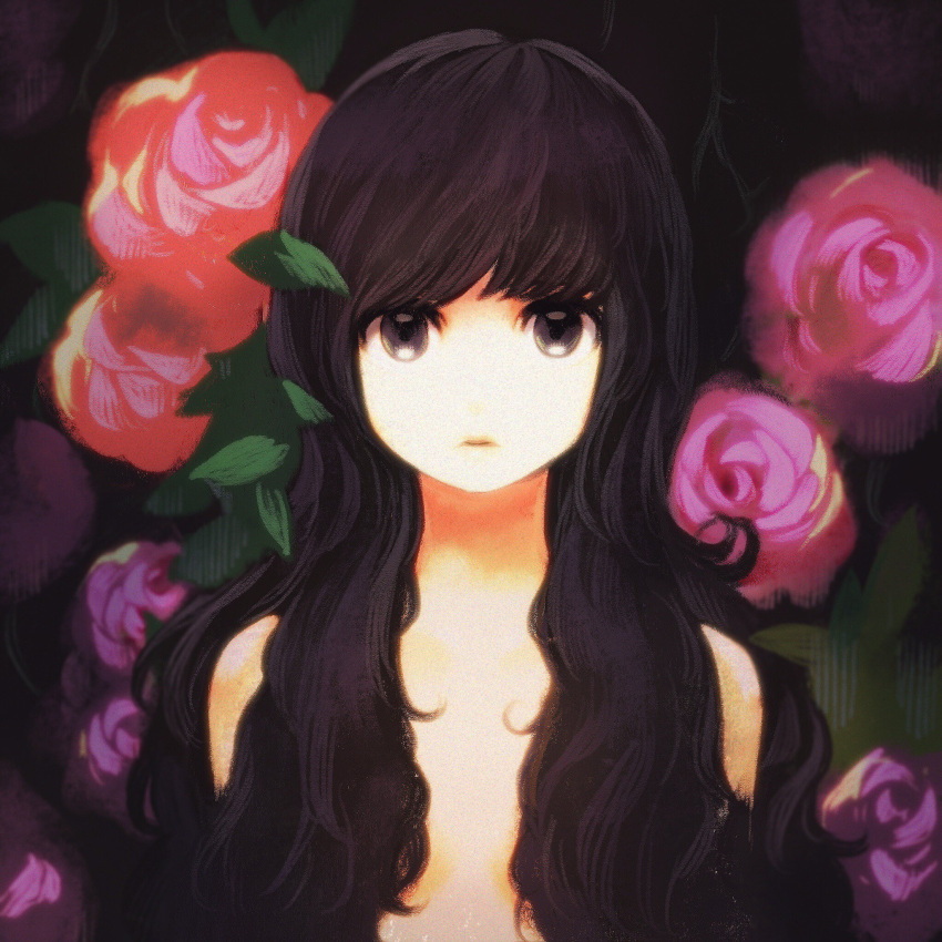 1girl black_eyes black_hair commentary_request flat_chest flower hair_over_breasts highres jun_(seojh1029) looking_at_viewer nude red_rose rose solo upper_body violet_eyes