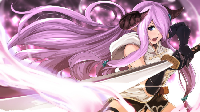 &gt;:o 1girl :o asymmetrical_gloves black_gloves blue_eyes blush braid breasts cowboy_shot doraf elbow_gloves foreshortening gloves granblue_fantasy hair_ornament hair_over_one_eye holding holding_sword holding_weapon horns kanzaki_kureha katana large_breasts lavender_hair long_hair looking_at_viewer low-tied_long_hair narumeia_(granblue_fantasy) open_mouth pointy_ears single_braid sleeveless solo sword very_long_hair weapon