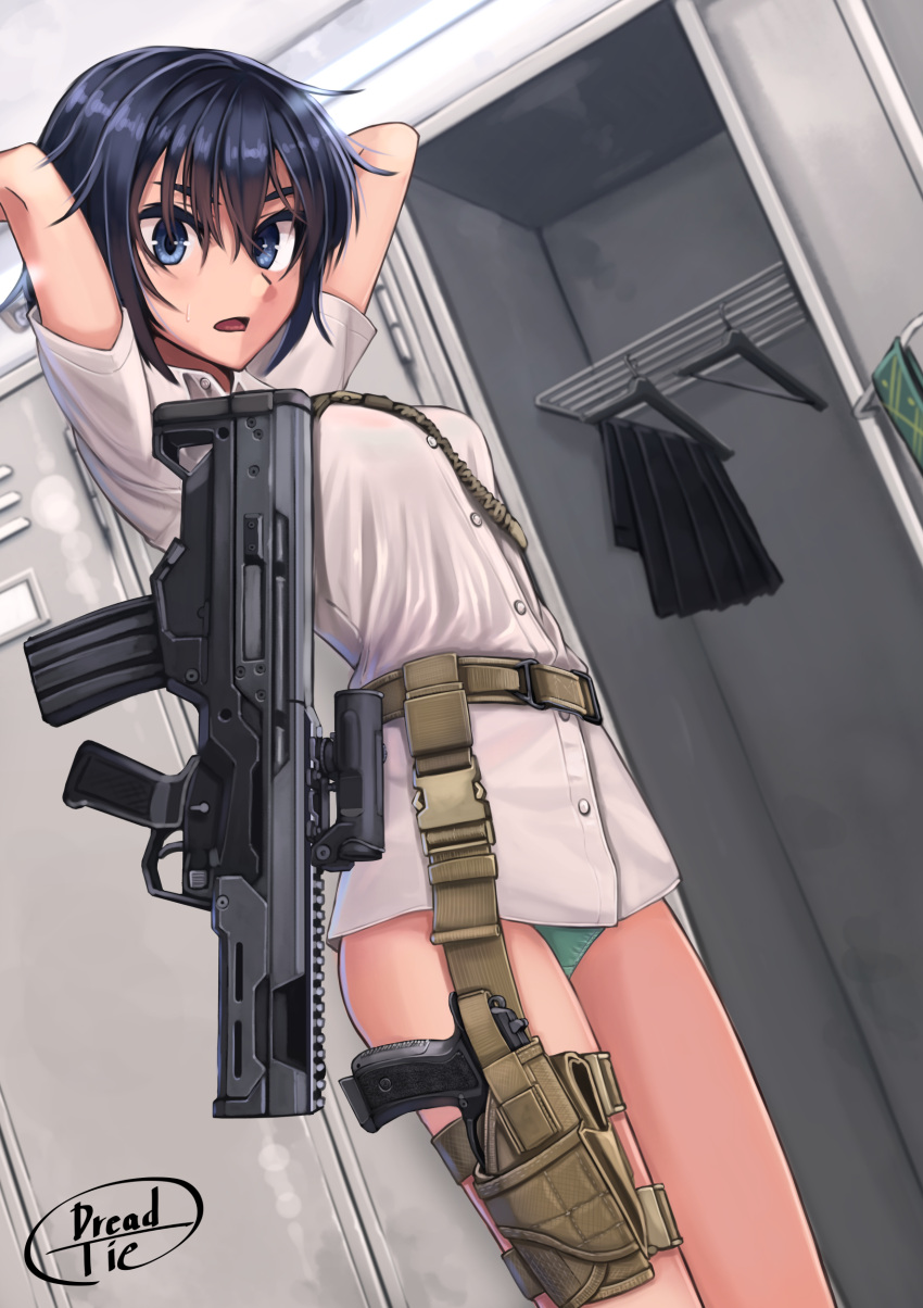 1girl absurdres belt black_hair blue_eyes dreadtie dress_shirt green_panties gun highres holster locker locker_room looking_at_viewer no_pants open_mouth original panties shirt short_hair signature skirt skirt_removed solo standing thigh_holster underwear weapon