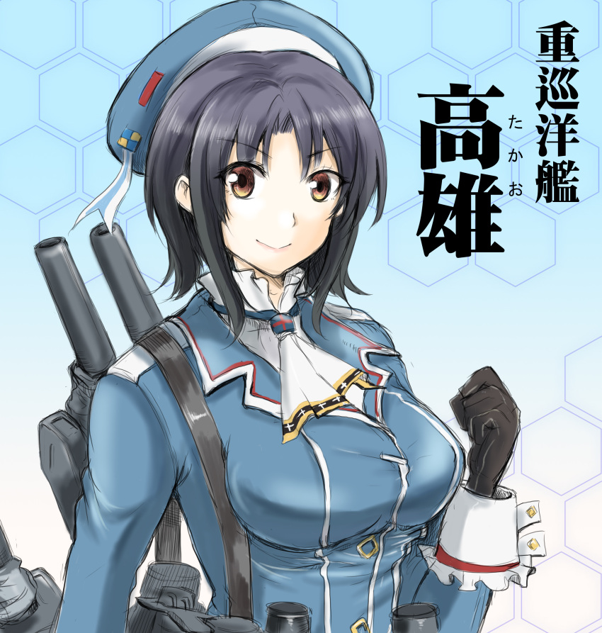 1girl arm_under_breasts bangs beret black_gloves black_hair blue_headwear breasts closed_mouth gloves grey_background hat high_collar highres kantai_collection large_breasts military military_uniform os_(pixiv1055157) red_eyes short_hair takao_(kantai_collection) uniform white_neckwear