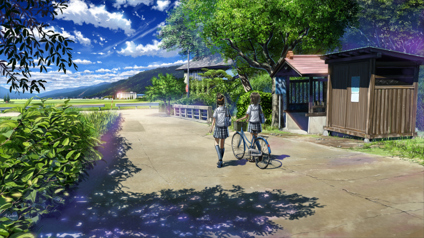 2girls bicycle black_hair black_legwear bokuden clouds day ground_vehicle guard_rail highres kneehighs multiple_girls original outdoors railing short_hair tree