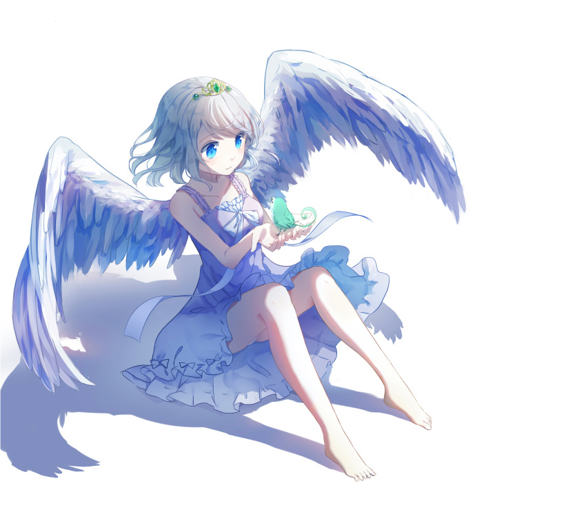 1girl absurdres angel_wings animal barefoot bird eyebrows_visible_through_hair grey_hair highres holding holding_animal looking_away original short_hair simple_background sitting solo tiara white_background wings yue_yue