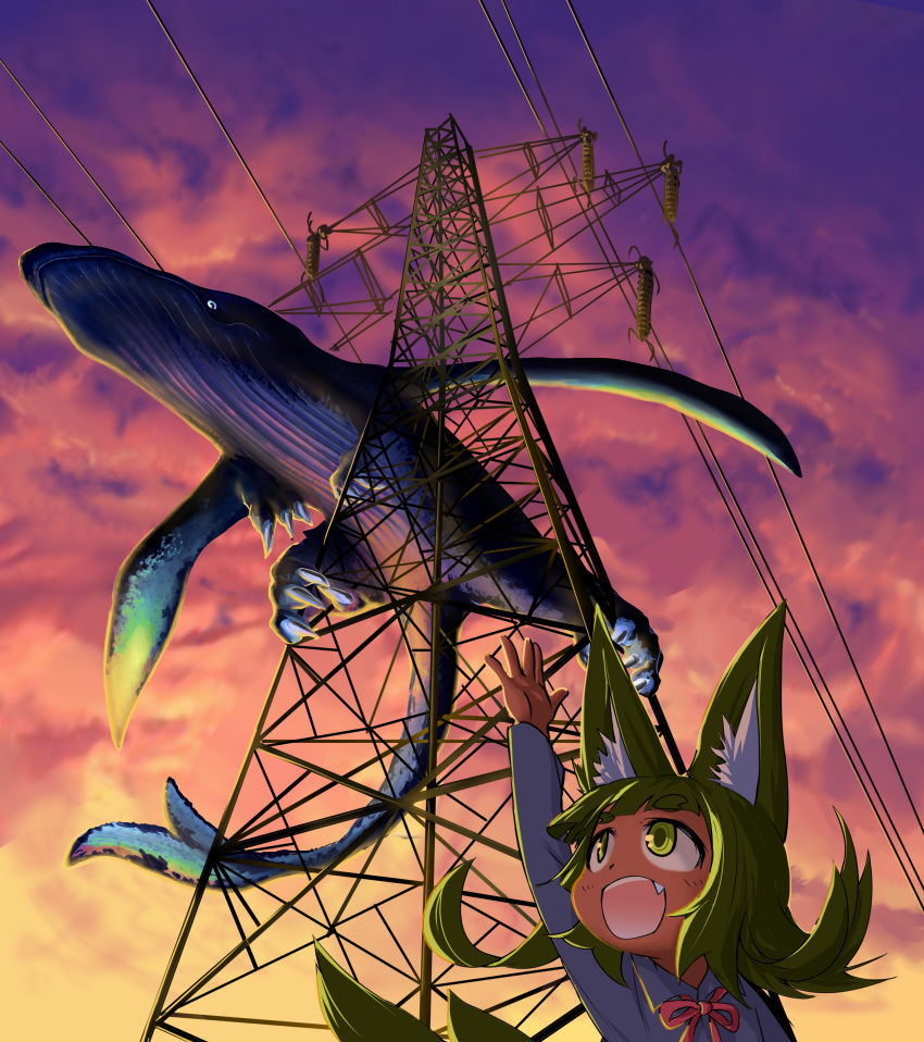 1girl absurdres animal_ears arm_up blonde_hair blue_shirt cable claws clouds cloudy_sky doitsuken fang flying_whale fox_ears fox_girl fox_tail highres looking_up multiple_tails open_mouth original red_ribbon ribbon scenery shirt short_hair sky sunset tail transmission_tower whale yellow_eyes