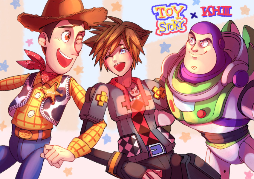 3boys blue_eyes buzz_lightyear highres kingdom_hearts locked_arms male_focus multiple_boys one_eye_closed sheriff_woody smile sora_(kingdom_hearts) spacesuit spiky_hair toy toy_story
