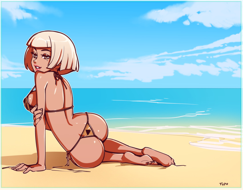 1girl alice_x arm_support ass back bad_id bad_tumblr_id bangs barefoot beach bikini blunt_bangs bob_cut border clouds day eyeshadow from_behind full_body grin half-closed_eyes hips holding_arm lipstick looking_at_viewer looking_back makeup mole mole_under_eye ocean on_ground optionaltypo orange_bikini orange_eyes outdoors outline real_life reclining revision shadow short_hair side-tie_bikini signature silver_hair sky smile soles solo strap_gap string_bikini swimsuit tan thong thong_bikini water