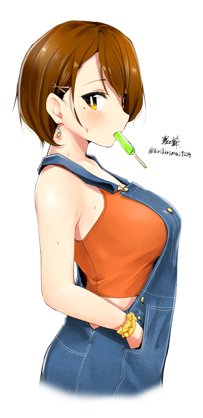 1girl absurdres bare_shoulders blush breasts brown_hair collarbone commentary cowboy_shot cropped_legs earrings food hair_ornament hair_over_one_eye hairclip hands_in_pockets highres jewelry kirikirimai_(kkm) large_breasts looking_at_viewer mole mole_under_eye mouth_hold orange_shirt original overalls pocket popsicle scrunchie shirt short_hair signature simple_background sleeveless sleeveless_shirt solo sweat tank_top twitter_username white_background wrist_scrunchie x_hair_ornament yellow_eyes