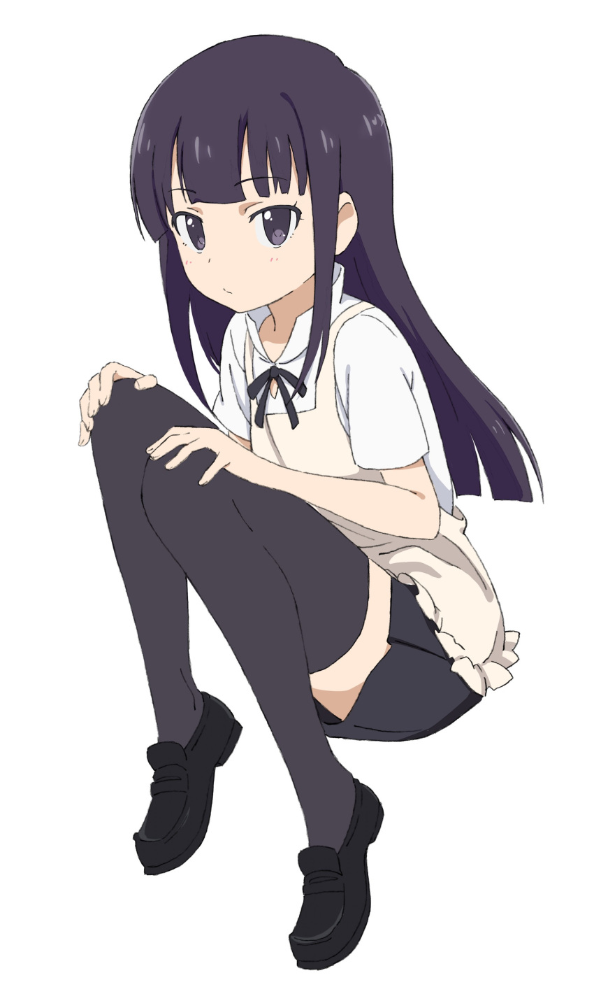 1girl absurdres apron bangs collared_shirt full_body highres long_hair looking_at_viewer pleated_skirt purple_hair shirt simple_background sitting skirt solo thigh-highs villdona violet_eyes white_background working!! yamada_aoi