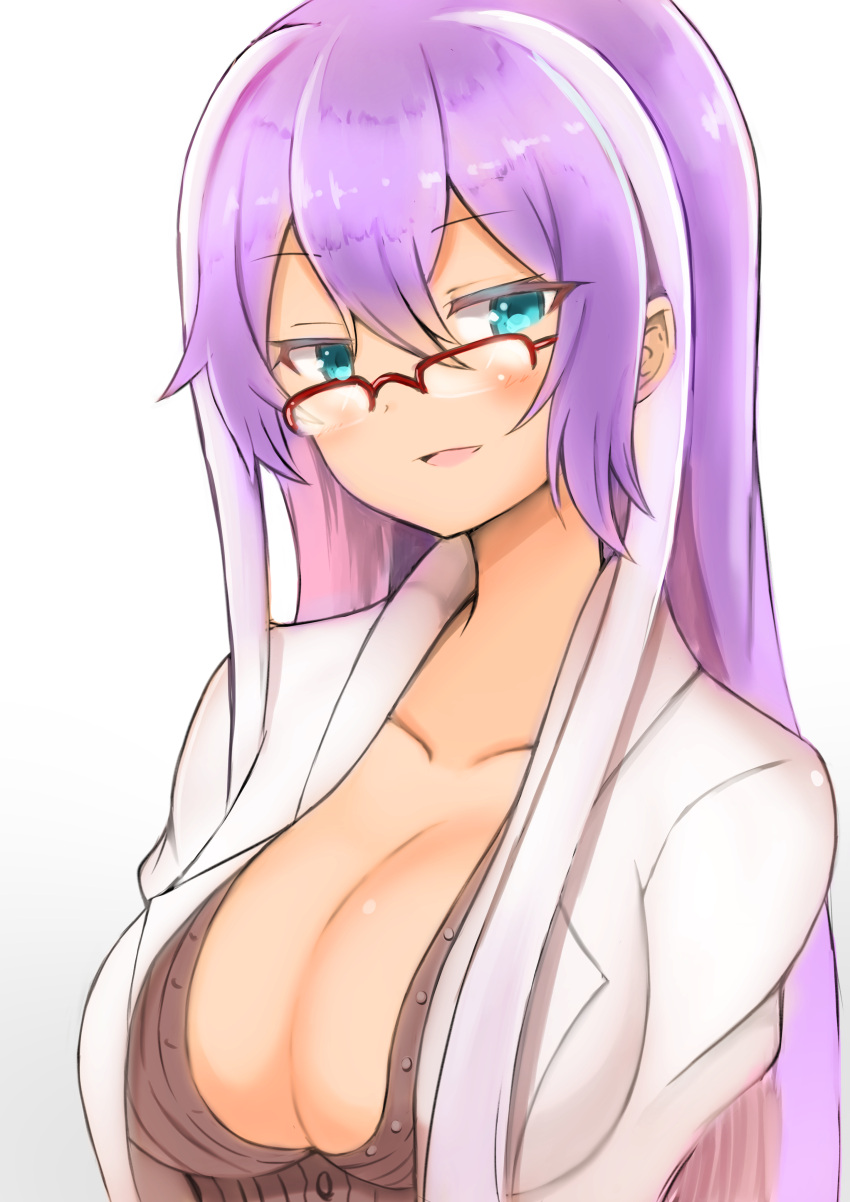 1girl absurdres blue_eyes blush breasts cleavage coat collarbone glasses hair_between_eyes highres isabelle_(shadowverse) labcoat large_breasts long_hair looking_at_viewer multicolored_hair open_clothes open_coat parted_lips purple_hair red-framed_eyewear semi-rimless_glasses shadowverse shibakame simple_background smile two-tone_hair upper_body white_background white_hair