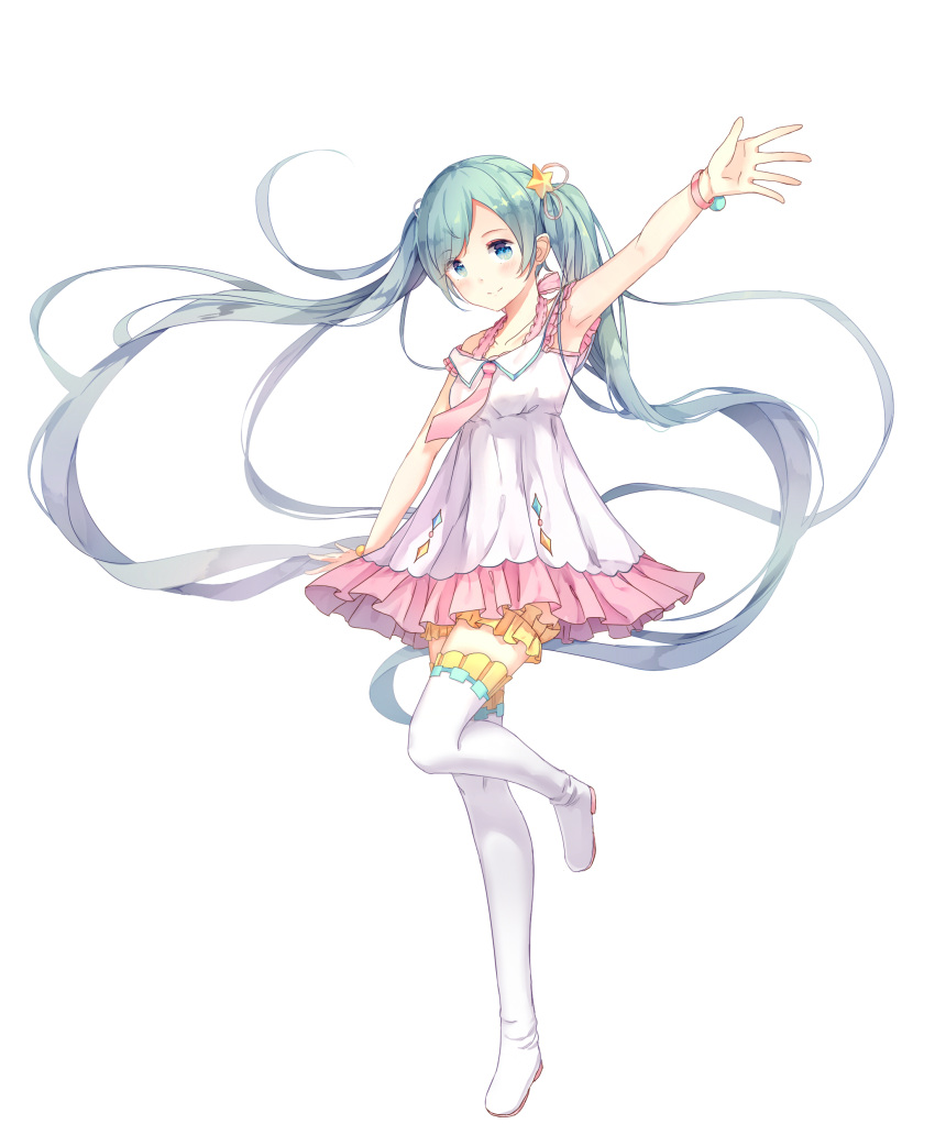1girl absurdres blue_eyes blue_hair blush boots closed_mouth collarbone eyebrows_visible_through_hair full_body hair_ornament hatsune_miku highres long_hair looking_at_viewer necktie pink_necktie smile solo star star_hair_ornament thigh-highs thigh_boots twintails vocaloid white_boots yue_yue