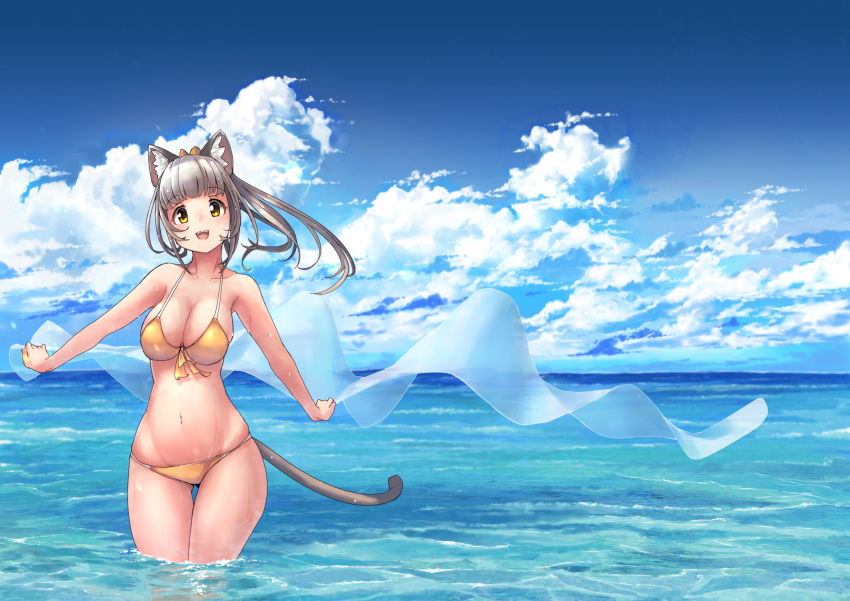 1girl :d animal_ears arukiru bangs bikini blue_sky breasts cat_ears cat_tail cleavage clouds cloudy_sky day eyebrows_visible_through_hair front-tie_bikini front-tie_top gluteal_fold highres horizon large_breasts long_hair looking_at_viewer navel open_mouth orange_bikini original outdoors outstretched_arms ponytail side-tie_bikini silver_hair sky smile solo swimsuit tail wading wet yellow_eyes