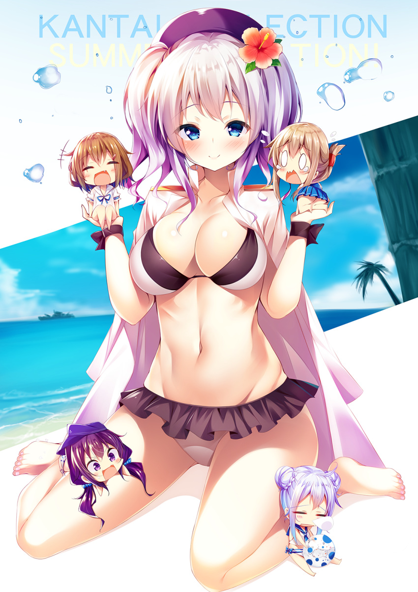 10s 5girls akatsuki_(kantai_collection) ball beach beachball beret bikini blue_eyes breasts brown_eyes brown_hair cleavage double_bun dress flower gabao. hair_flower hair_ornament hat hibiki_(kantai_collection) highres ikazuchi_(kantai_collection) inazuma_(kantai_collection) kantai_collection kashima_(kantai_collection) long_hair medium_breasts minigirl multiple_girls peaked_cap purple_hair sailor_dress silver_hair sitting swimsuit tsurime twintails violet_eyes wariza wavy_hair