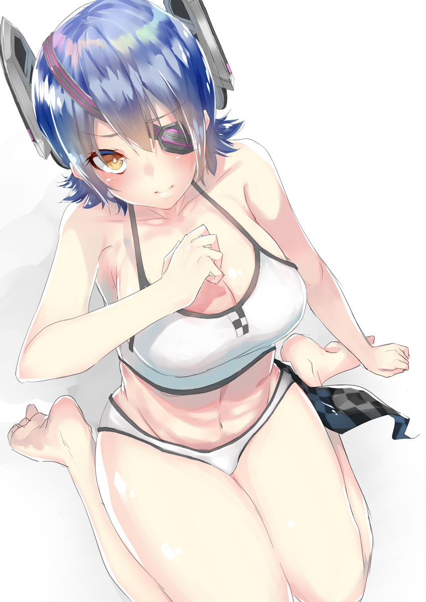 10s 1girl bikini blue_hair blush breasts checkered checkered_necktie cleavage eyepatch from_above headgear highres kantai_collection large_breasts looking_at_viewer looking_up navel necktie short_hair sitting solo swimsuit tenryuu_(kantai_collection) wariza white_bikini yaminabe_(yam1_nabe) yellow_eyes