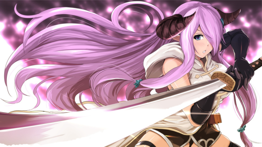 &gt;:o 1girl :o asymmetrical_gloves black_gloves blue_eyes blush braid breasts cowboy_shot doraf elbow_gloves foreshortening gloves granblue_fantasy hair_ornament hair_over_one_eye holding holding_sword holding_weapon horns kanzaki_kureha katana large_breasts lavender_hair long_hair looking_at_viewer low-tied_long_hair narumeia_(granblue_fantasy) pointy_ears single_braid sleeveless solo sword very_long_hair weapon