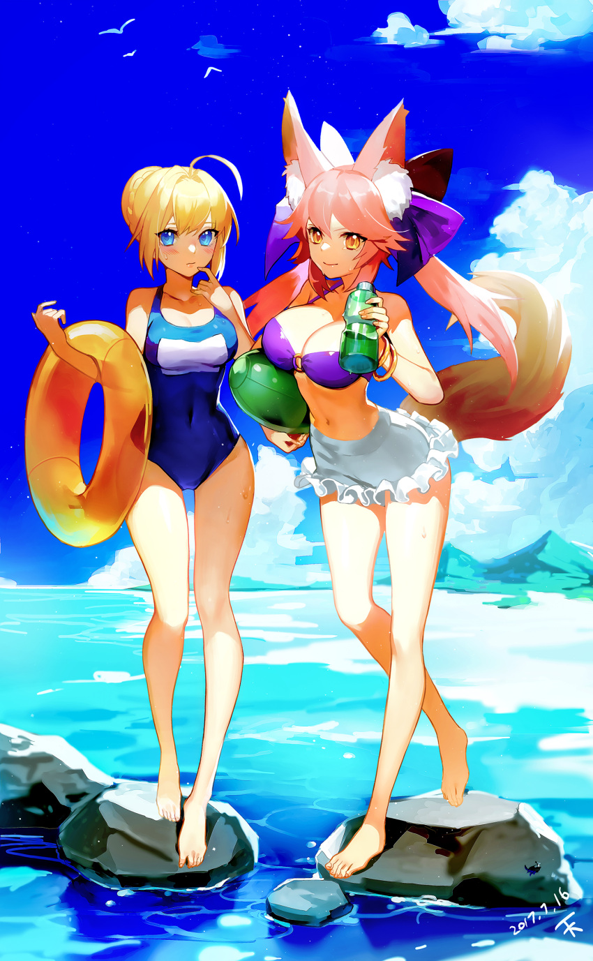 2girls absurdres ahoge animal animal_ears artoria_pendragon_(all) bangs bird blonde_hair blue_eyes blue_sky blue_swimsuit bottle bracelet braid breasts closed_mouth clouds commentary_request covered_navel dated day ddongu eyes_visible_through_hair fate/extra fate_(series) fox_ears fox_tail french_braid frills full_body hair_intakes hair_ornament hair_ribbon highres holding holding_bottle holding_innertube innertube jewelry long_hair medium_breasts multiple_girls navel o-ring_top one-piece_swimsuit outdoors pink_hair purple_bikini_top purple_ribbon ribbon saber school_swimsuit short_hair sky smile standing summer sweatdrop swimsuit tail tamamo_(fate)_(all) tamamo_no_mae_(swimsuit_lancer)_(fate) transparent water wet yellow_eyes