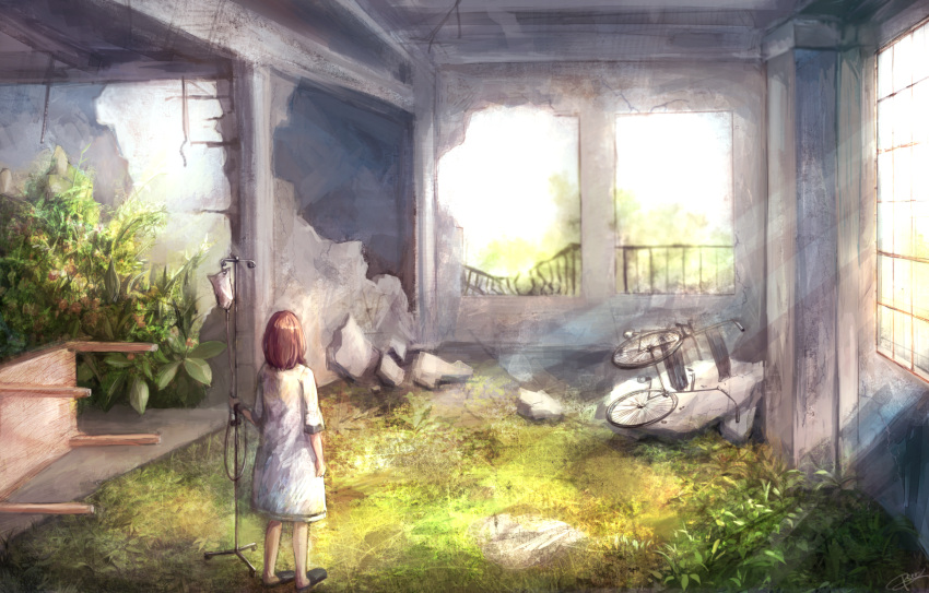 1girl arm_at_side bicycle brown_hair bush commentary_request day from_behind grass ground_vehicle highres hospital_gown indoors intravenous_drip light_rays medium_sleeves original pericokitajima ruins short_hair signature slippers solo sunbeam sunlight table window