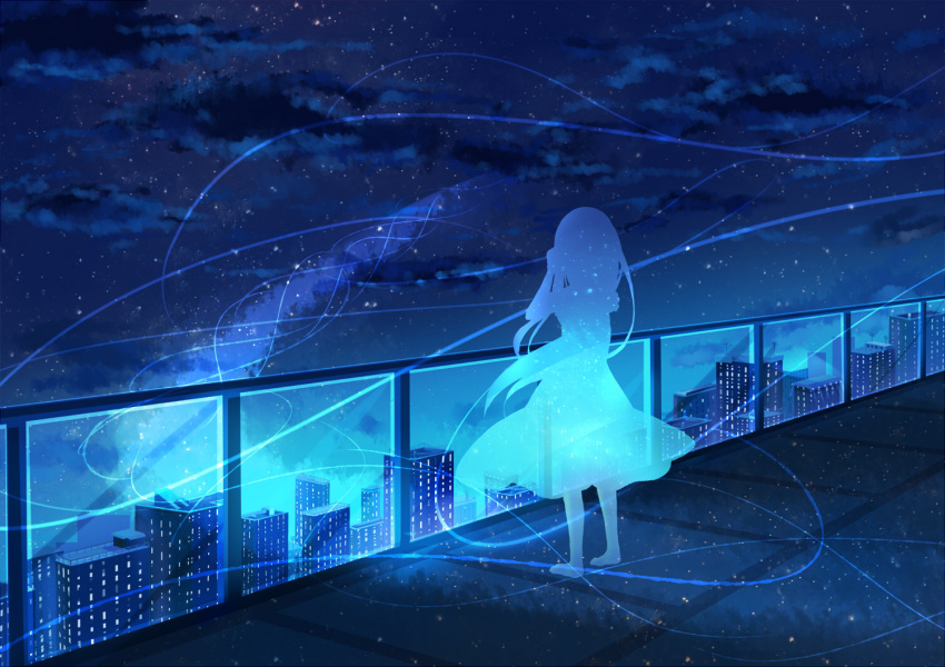 1girl barefoot from_behind long_hair night night_sky original outdoors railing sky solo star_(sky) starry_sky yue_yue