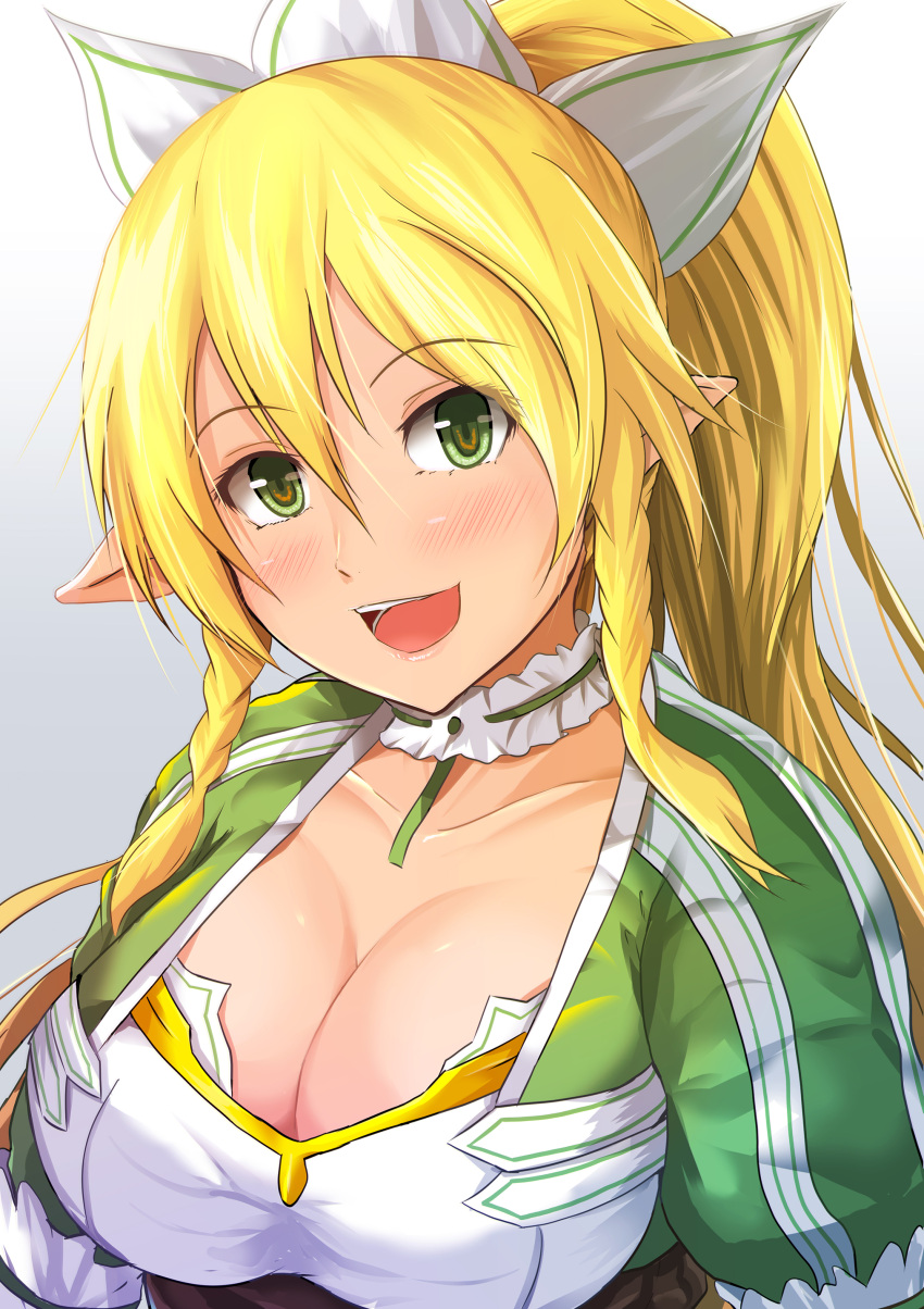 1girl :d absurdres blonde_hair blush braid breasts choker cleavage collarbone green_eyes hair_ornament highres kanzaki_kureha large_breasts leafa long_hair looking_at_viewer open_mouth pointy_ears ponytail smile solo sword_art_online twin_braids upper_body