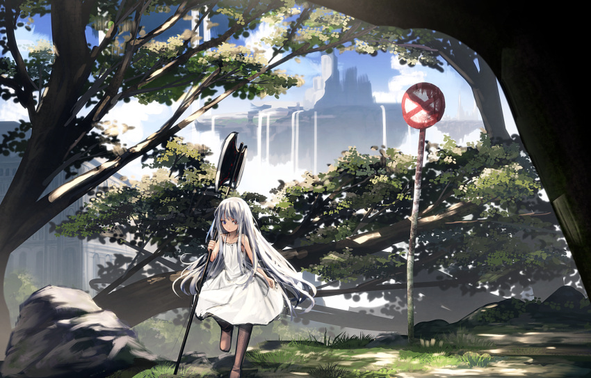 1girl axe battle_axe blue_eyes building day dress fallen_tree floating_island grass haru_(ryosios) heterochromia long_hair one_leg_raised original outdoors over_shoulder overgrown post-apocalypse red_eyes road_sign rock ryosios sign silver_hair sleeveless solo tree very_long_hair water waterfall weapon weapon_over_shoulder white_dress