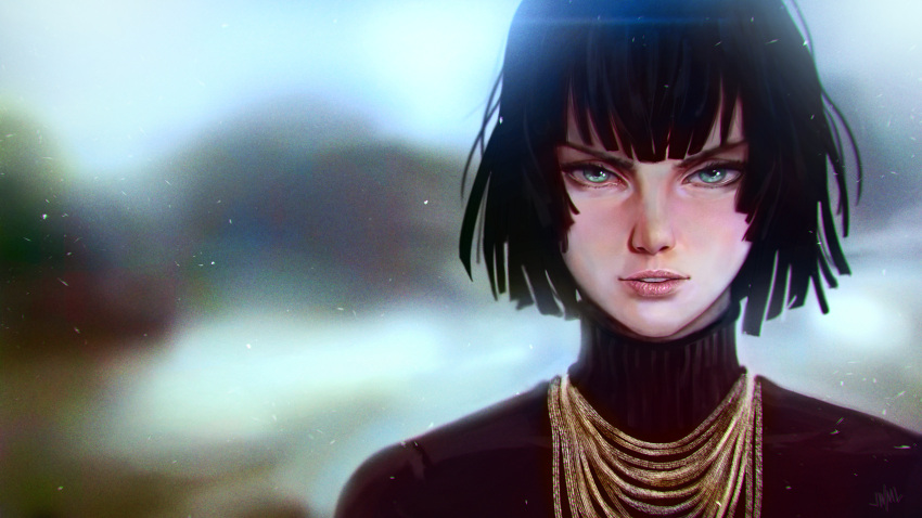 1girl bangs black_hair face fubuki_(one-punch_man) green_eyes highres jewelry lips looking_at_viewer necklace one-punch_man parted_lips realistic short_hair solo steamy_tomato teeth