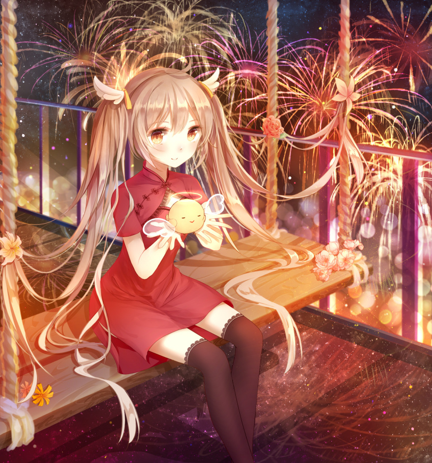 1girl black_legwear blush brown_eyes brown_hair character_request closed_mouth copyright_request eyebrows_visible_through_hair fireworks halo highres lantern long_hair looking_at_viewer sitting smile solo thigh-highs twintails yue_yue