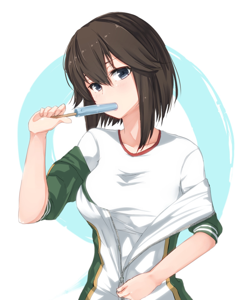 10s 1girl ame-rain black_hair blue_eyes eating food food_in_mouth gym_shirt hair_between_eyes hayasui_(kantai_collection) highres holding holding_food jacket kantai_collection long_sleeves popsicle shirt short_hair solo track_jacket white_shirt zipper