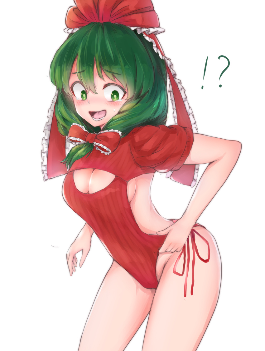 !? 1girl absurdres adapted_costume arm_at_side bangs bare_shoulders bow cleavage_cutout commentary_request embarrassed eyebrows_visible_through_hair frilled_bow frilled_ribbon frills front_ponytail green_eyes green_hair hair_between_eyes hair_bow hair_ribbon highres kagiyama_hina kushidama_minaka legs_apart long_hair looking_down meme_attire open-chest_sweater open_mouth red_ribbon red_sweater ribbed_sweater ribbon short_sleeves simple_background solo standing surprised sweatdrop sweater swimsuit swimsuit_pull tearing_up tears teeth touhou white_background