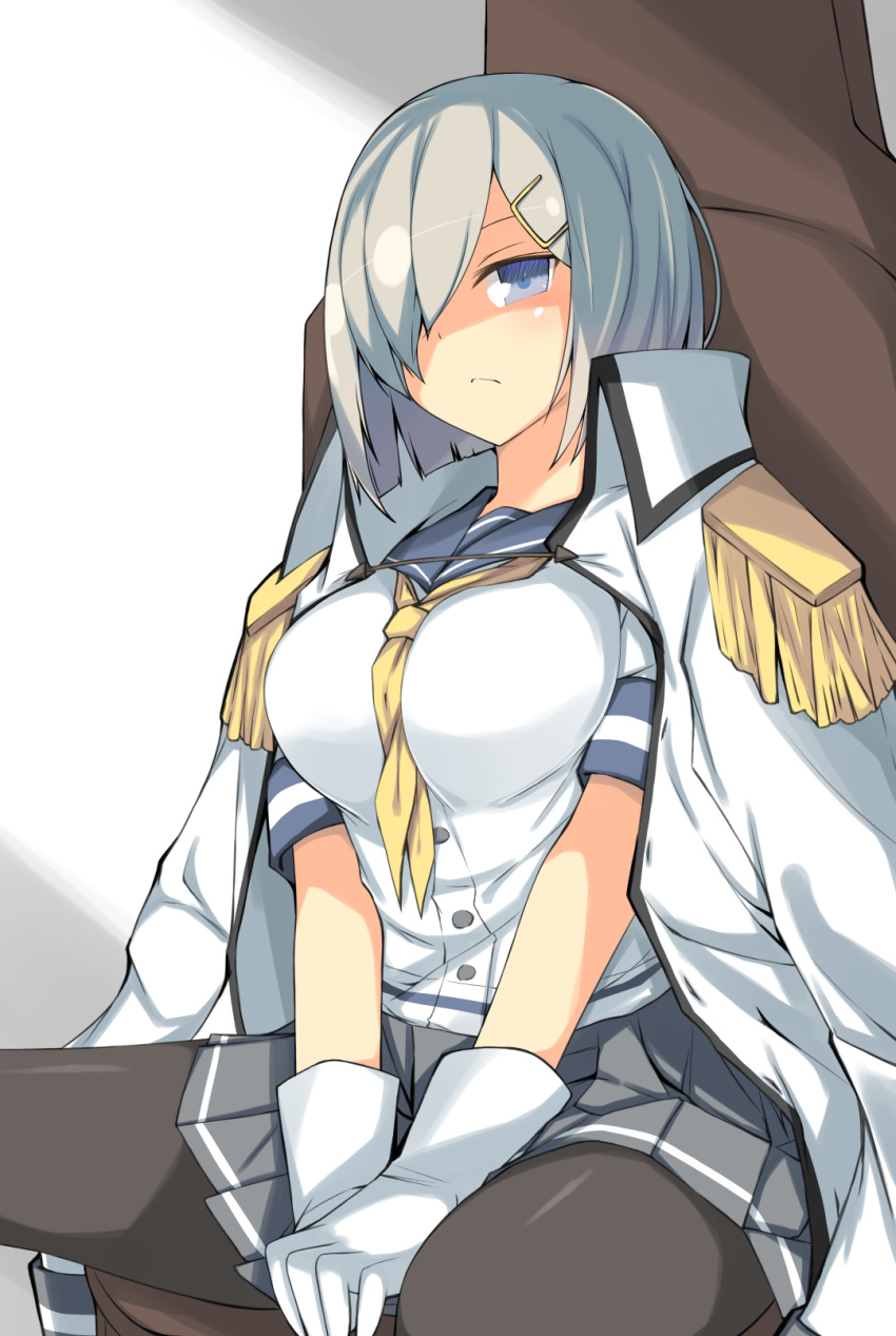 10s 1girl black_legwear blue_eyes blue_sailor_collar breasts epaulettes gloves grey_skirt hair_ornament hair_over_one_eye hairclip hamakaze_(kantai_collection) highres kantai_collection kyuchan large_breasts long_sleeves military military_uniform miniskirt naval_uniform neckerchief pantyhose pleated_skirt sailor_collar school_uniform serafuku short_hair silver_hair sitting skirt solo uniform white_gloves yellow_neckerchief