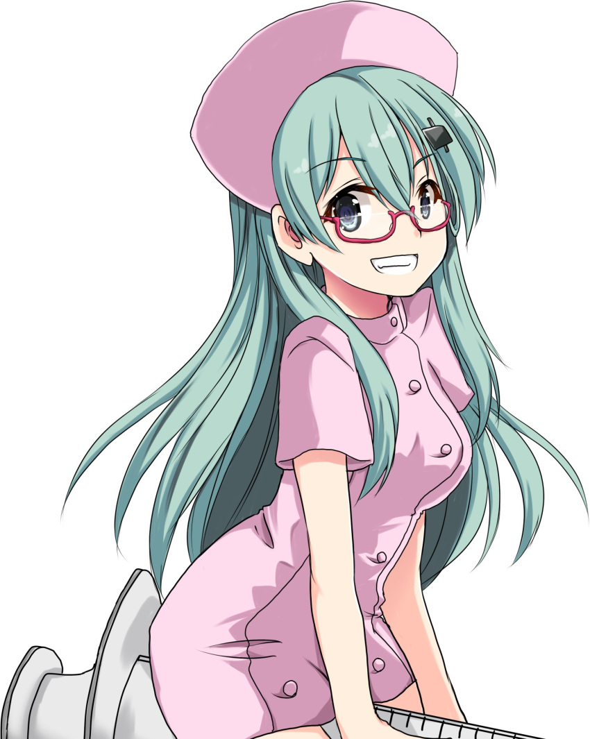 10s 1girl aqua_hair bespectacled blue_eyes breasts buttons dress glasses grin hair_between_eyes hair_ornament hairclip hat highres hinase_(jet_hearts) kantai_collection long_hair looking_at_viewer medium_breasts nurse nurse_cap oversized_object pink_dress pink_hat simple_background smile solo suzuya_(kantai_collection) syringe white_background