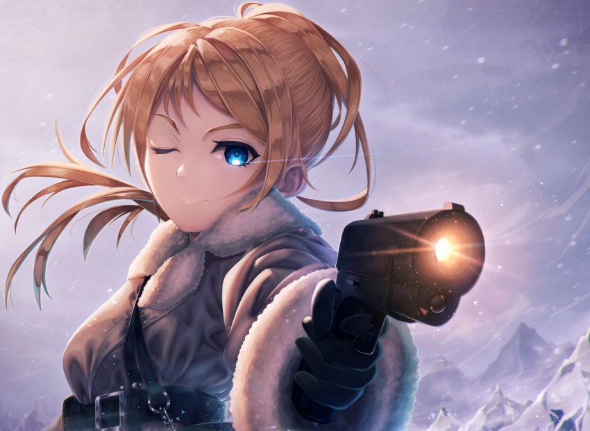 1girl belt black_gloves blue_eyes brown_hair eyebrows floating_hair gloves gun holding holding_gun holding_weapon kokkeina_budou light_smile long_hair long_sleeves looking_at_viewer mountain one_eye_closed original outdoors snow weapon