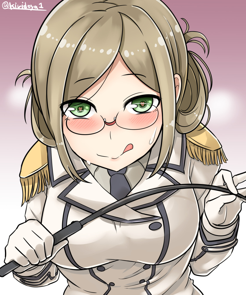 10s absurdres blonde_hair breasts epaulettes glasses gloves green_eyes heart heart-shaped_pupils highres kantai_collection katori_(kantai_collection) kiritto large_breasts licking_lips necktie sweat symbol-shaped_pupils tongue tongue_out white_gloves