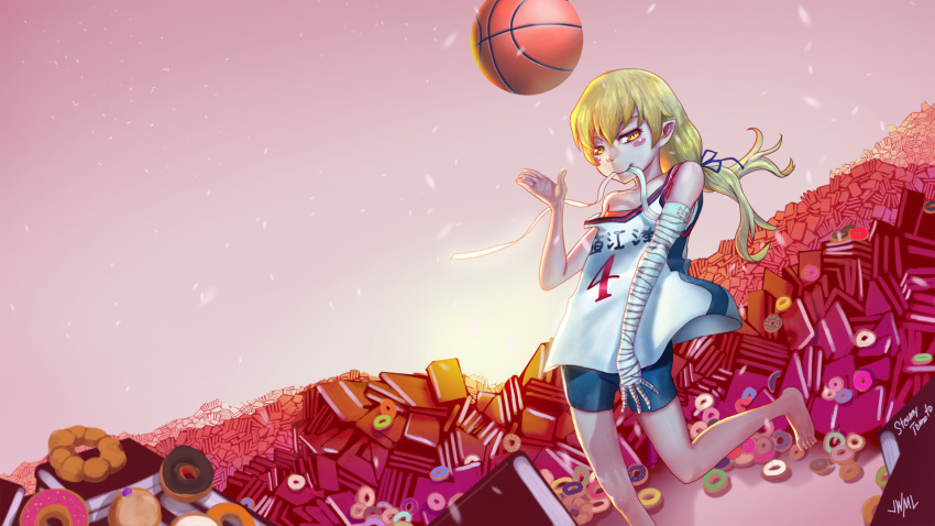 1girl artist_name barefoot basketball basketball_uniform bike_shorts blonde_hair blush_stickers book cosplay doughnut dutch_angle food hair_ribbon hanamonogatari highres justin_leyva_(steamy_tomato) kanbaru_suruga kanbaru_suruga_(cosplay) long_hair looking_at_viewer low-tied_long_hair monogatari_(series) mouth_hold off_shoulder ribbon solo sportswear yellow_eyes