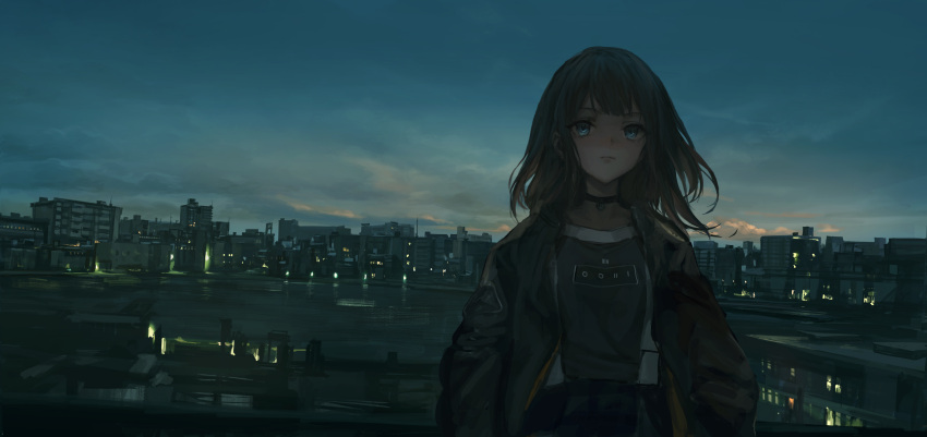 1girl absurdres bangs blue_eyes blunt_bangs brown_hair choker city_lights cityscape clouds cloudy_sky dusk highres jacket lake lm7_(op-center) original outdoors reflection sky solo water